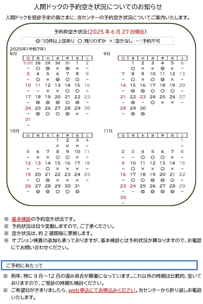 人間ドックの予約空き状況
