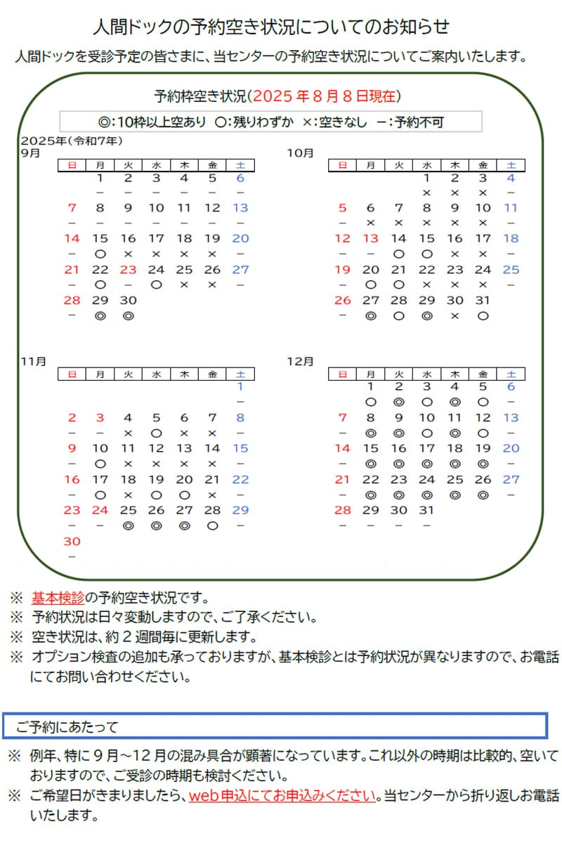 人間ドックの予約空き状況