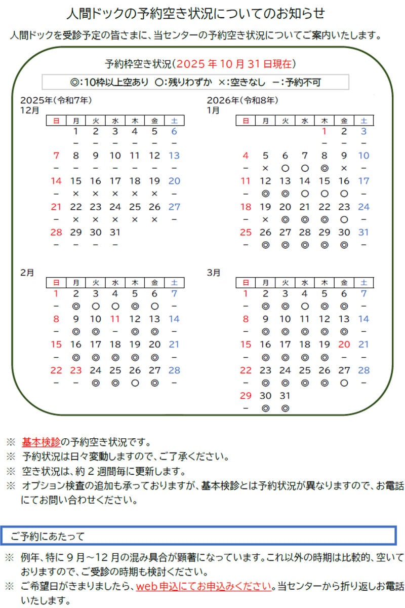 人間ドックの予約空き状況