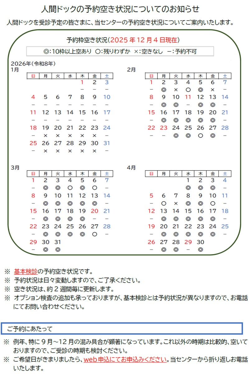 人間ドックの予約空き状況