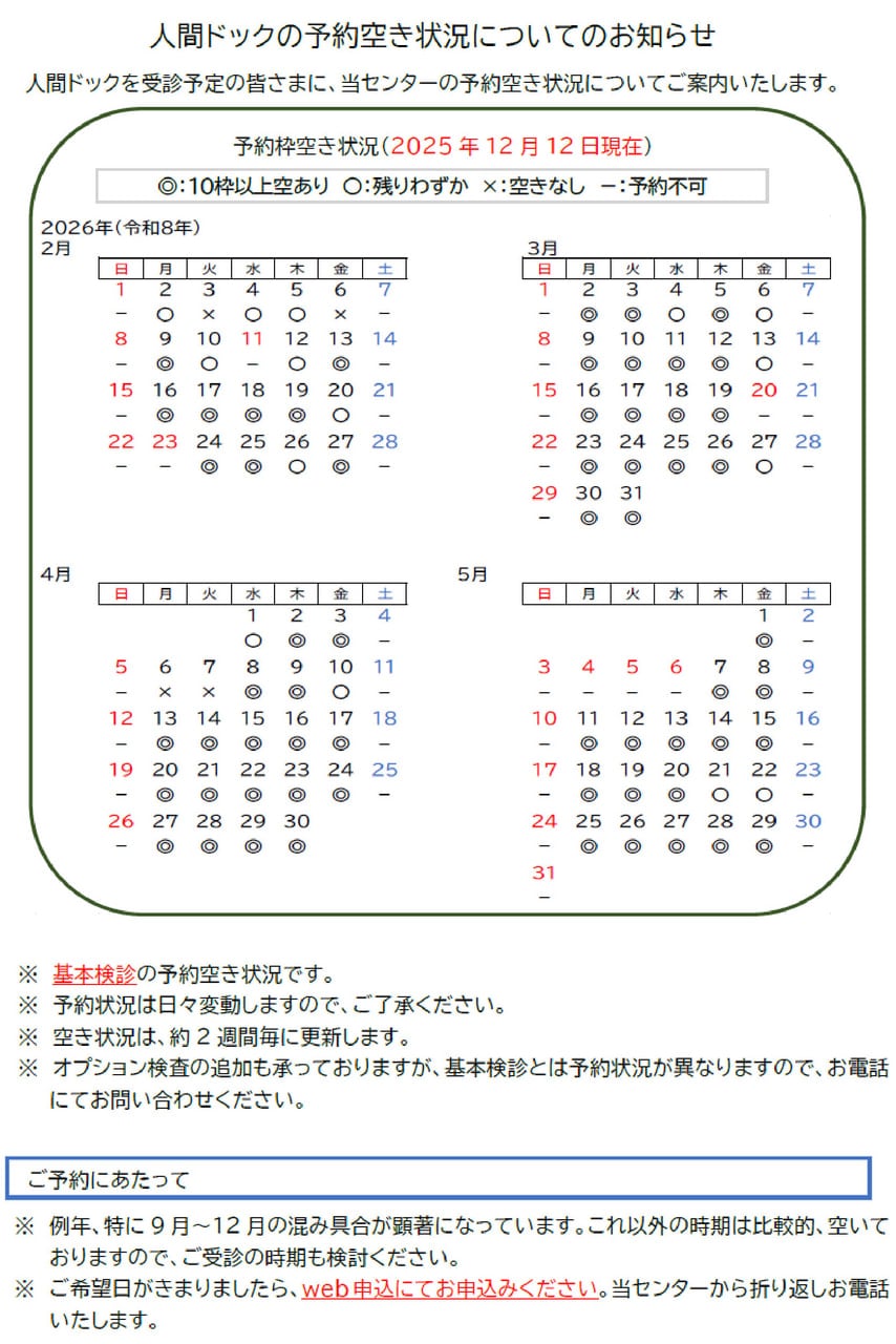 人間ドックの予約空き状況