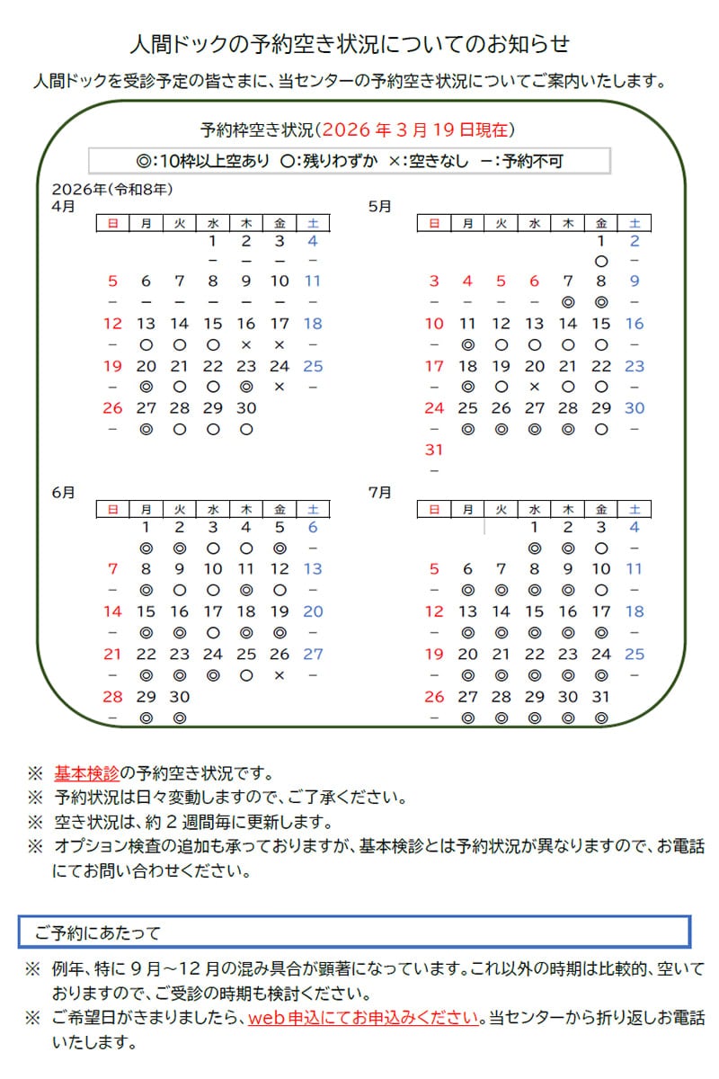 人間ドックの予約空き状況