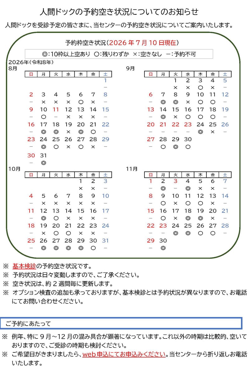 人間ドックの予約空き状況