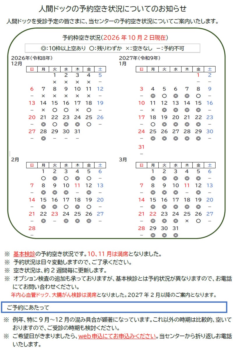 人間ドックの予約空き状況