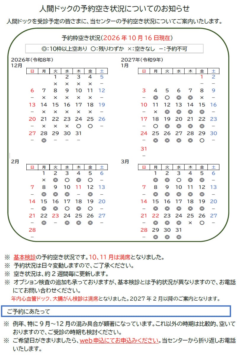 人間ドックの予約空き状況